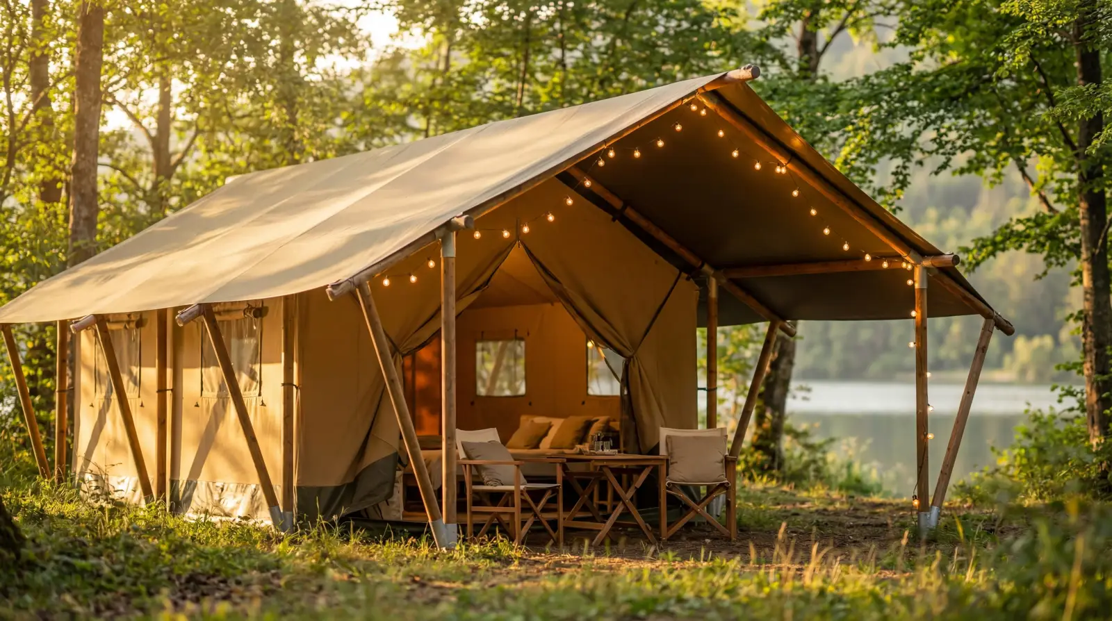 Canvas safari tent with a covered porch in a wooded setting