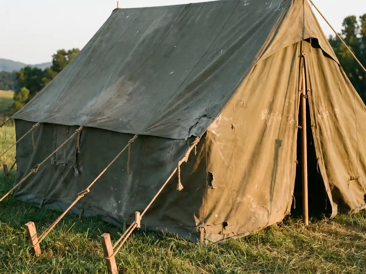 Olive cotton-canvas ridge tent secured with ropes and stakes