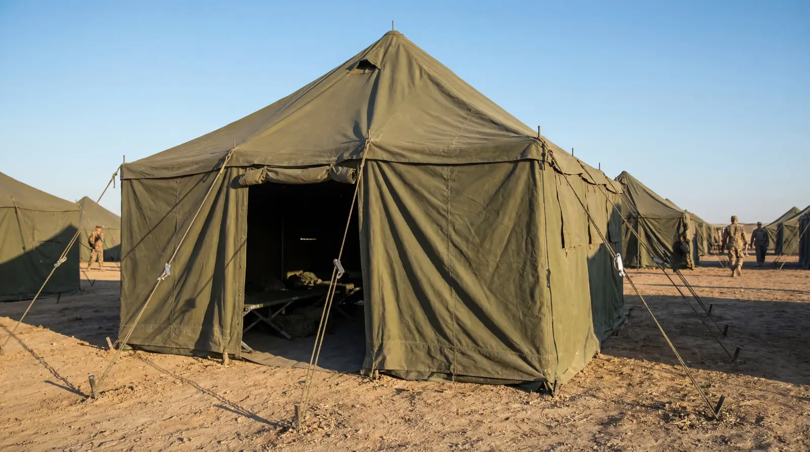 Olive field tents secured with ropes and stakes
